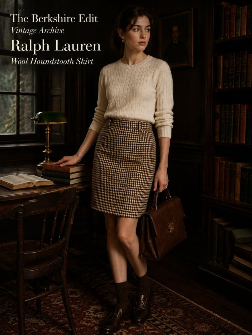 Vintage Ralph Lauren Blue Label Wool Houndstooth Pencil Skirt Brown 4